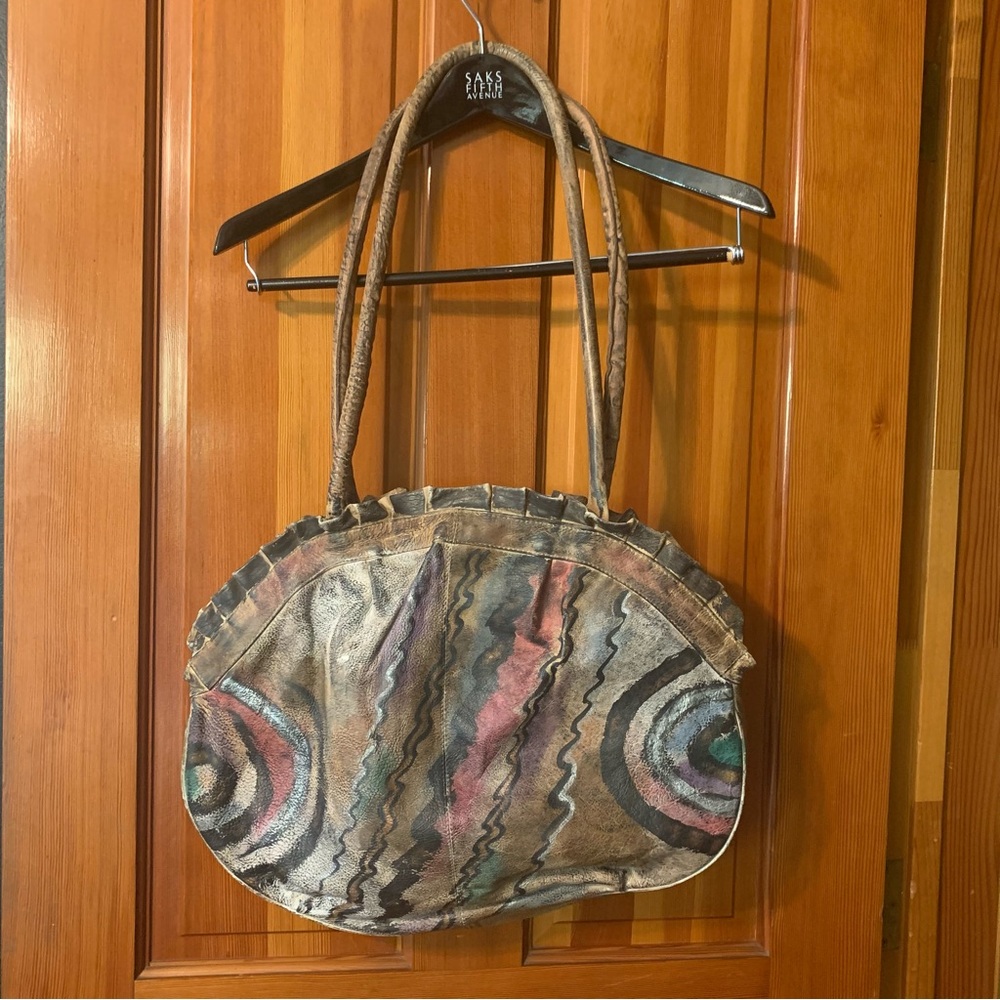 1990s Bag Vintage Hand Painted Leather Hobo shoulderbag  Purse Boho Retro summer